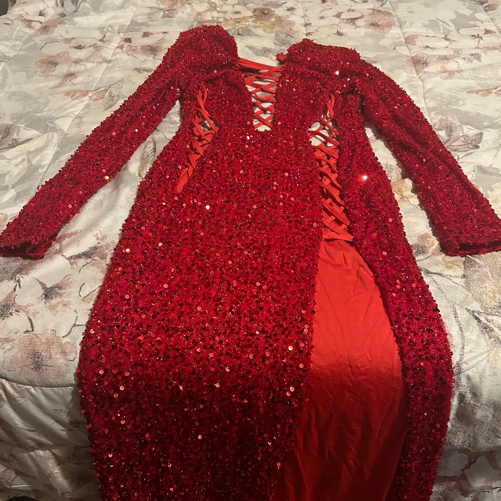 Red Sequins Long Sleeve With A Side Split - image 2